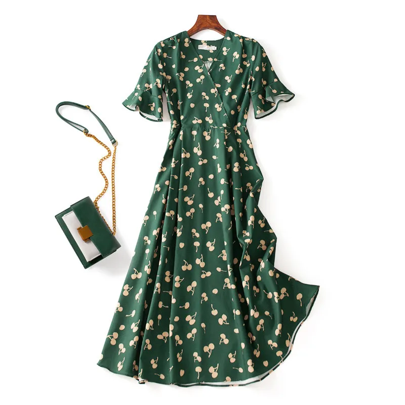 

Summer Vintage Green Print Back Tie Chiffon V-neck Short-Sleeve Slim Long Midi Wrap Tea Dress Casual 2021