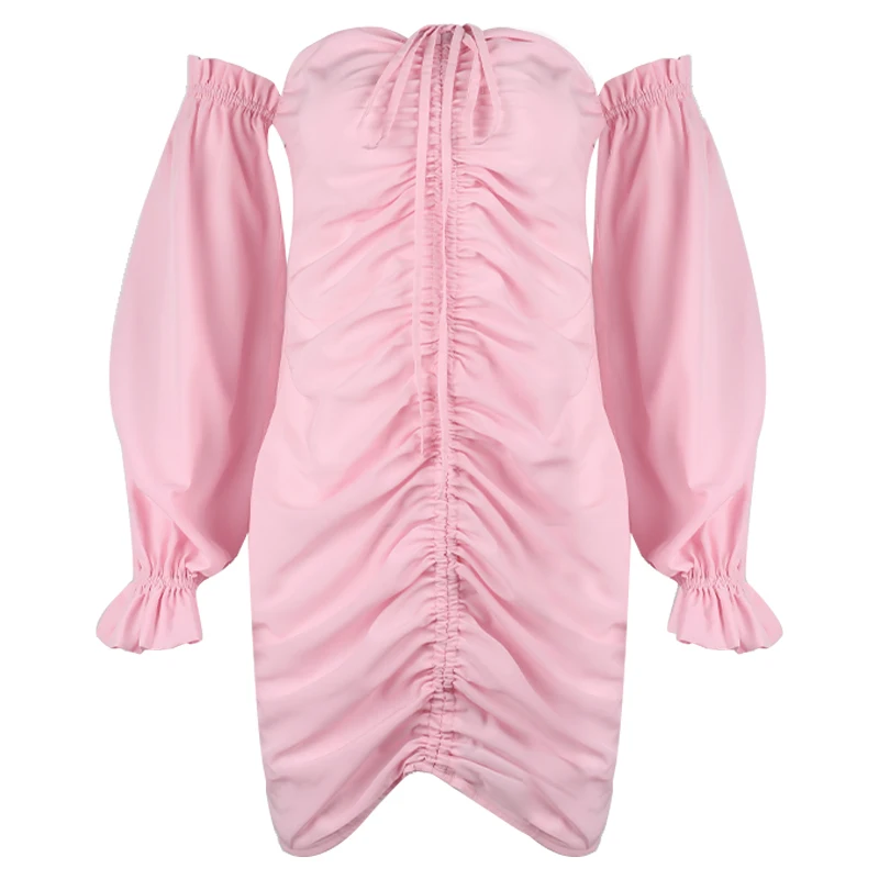 

Sexy Bandage Dress Pleated Strap Sexy One-Shoulder Lantern Sleeve Dress Female Jazz Dance Costumes Pole Dance Clothes DQS5059