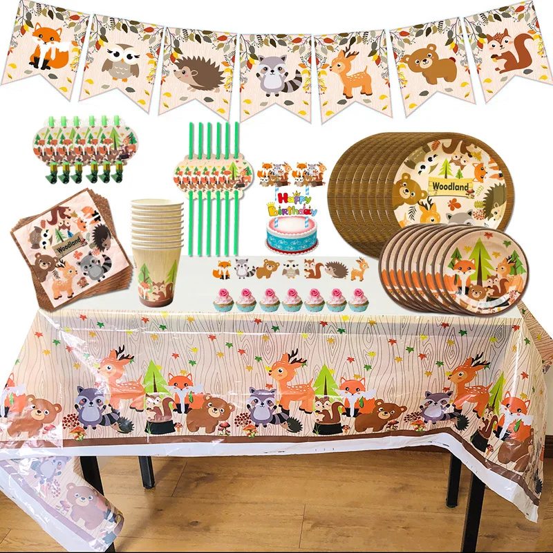 

Woodland Tableware Jungle Safari Birthday Decoration Wild One 1st Bithday Party Supplies Forest Animal Paper Plates Banner