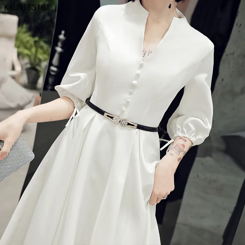 

KAUNISSINA Women Elegant Summer Cocktail Dresses Half Sleeve V-Neck Party Gowns Vestido Knee-Length Homecoming Dress with Belt