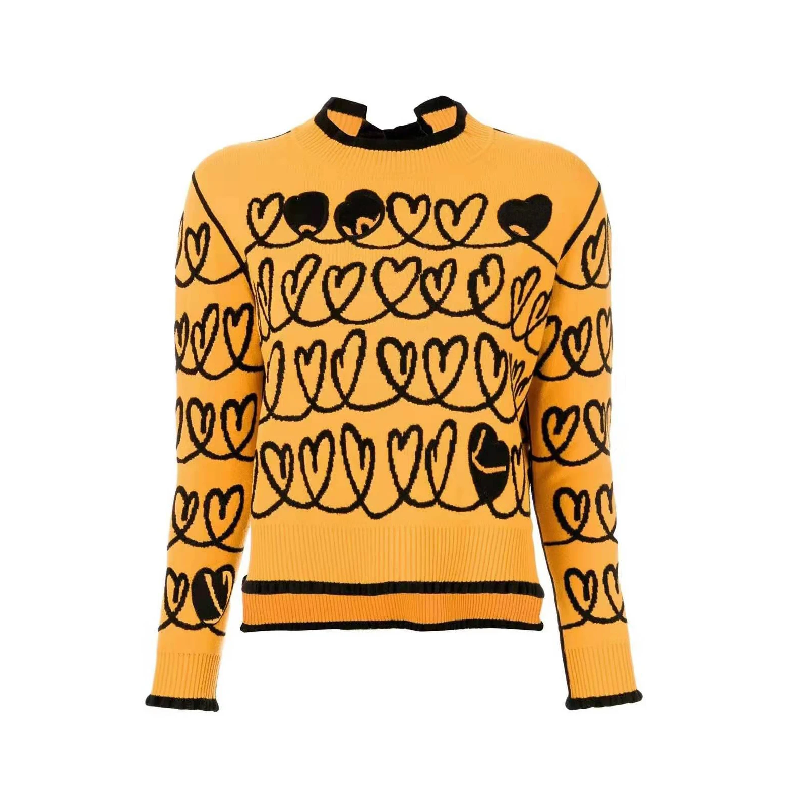 Contrast Bicolor Cut-Out Embroidery Heart Wool-Blend Jumper Black Velvet Patchwork Bowknot Viscose Knit Fleece Cropped Sweater | Женская