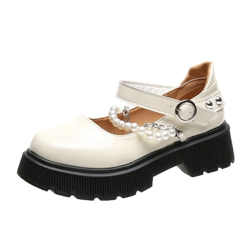 

2021 college shoes round head small leather shoes button Mary Jane thick heel thick sole single shoes female