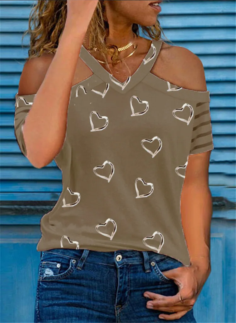 

2021 Printed V-neck Halter Short Sleeve Off Shoulder T-Shirt