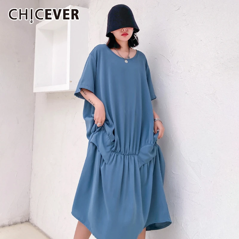 CHICEVER корейский стиль лоскутные платья для женщин с круглым вырезом и коротким