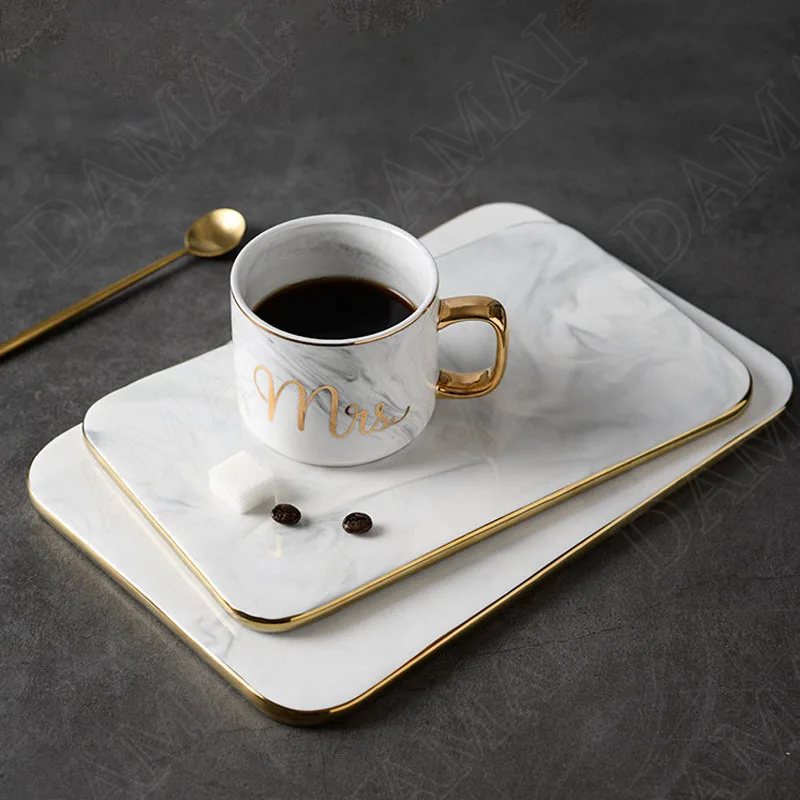 

Golden Stroke Ceramic Storage Tray Marble Texture Dessert Bread Dish Restaurant Serving Trays European Home Decoration Modern