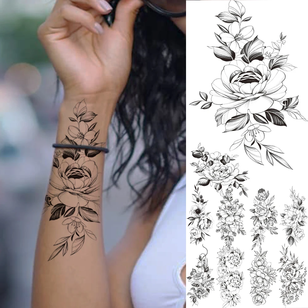 

Fake Black Peony Realistic Tattoo Sticker For Women Girls Rose Dahlia Temporary Tattoos High Quality Waterproof Body Art Tatoo