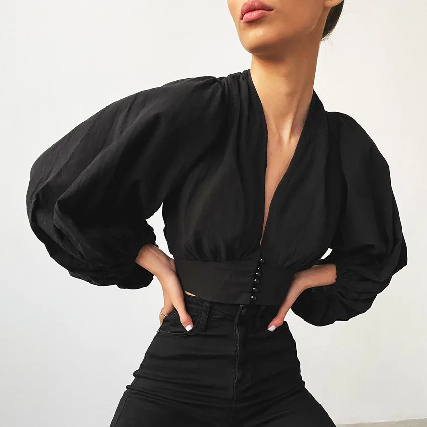 

Spring and Autumn Short Jacket Puff Sleeves Loose and Elegant Black Shirt Niche New Sexy V-neck Office Beauty Long-sleeved Shirt