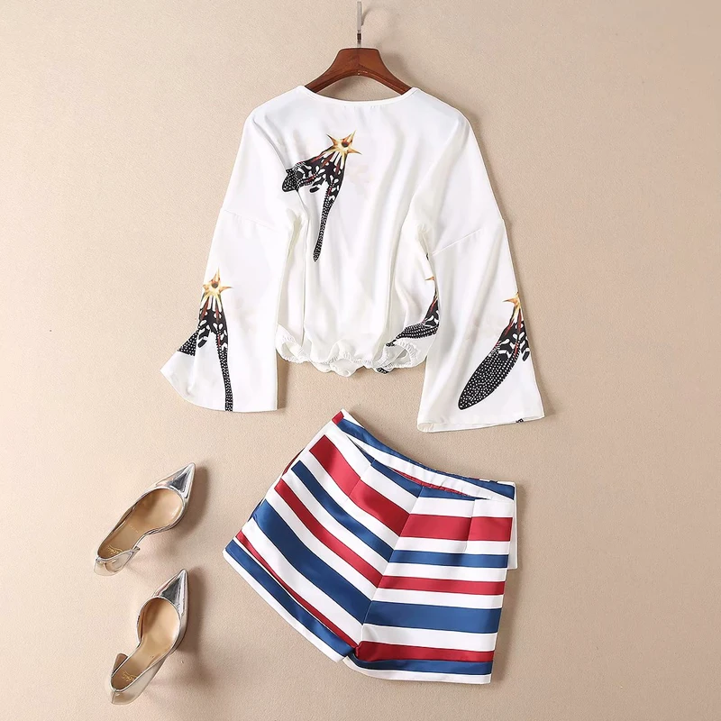 

Женский дизайнерский костюм из двух предметов, блузка с длинным рукавом и принтом в полоску и шорты, весна-лето 2020