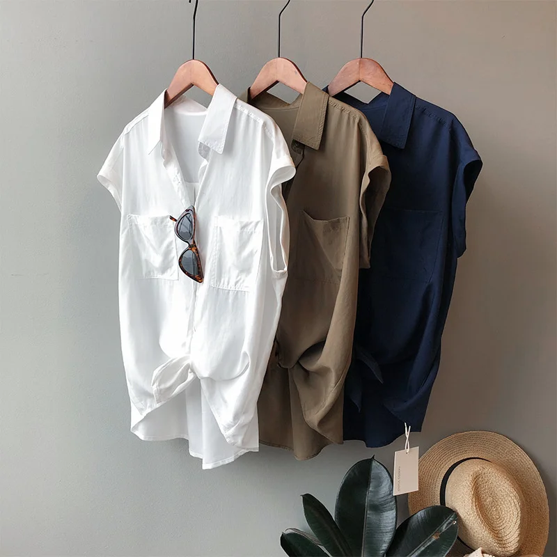 

Qooth Retro Drop-Shoulder Sleeve Shirt Women's Solid Summer Single Breasted Fashion Straight Design Shirt New Loose Tops QT588