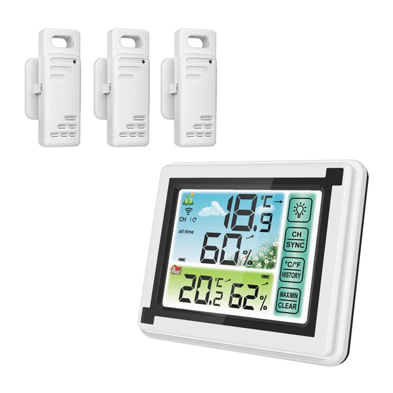 

Electronic Temperature Humidity Meter LCD Display Indoor Outdoor Thermometer Hygrometer Wall Clock with 3 Transmitter