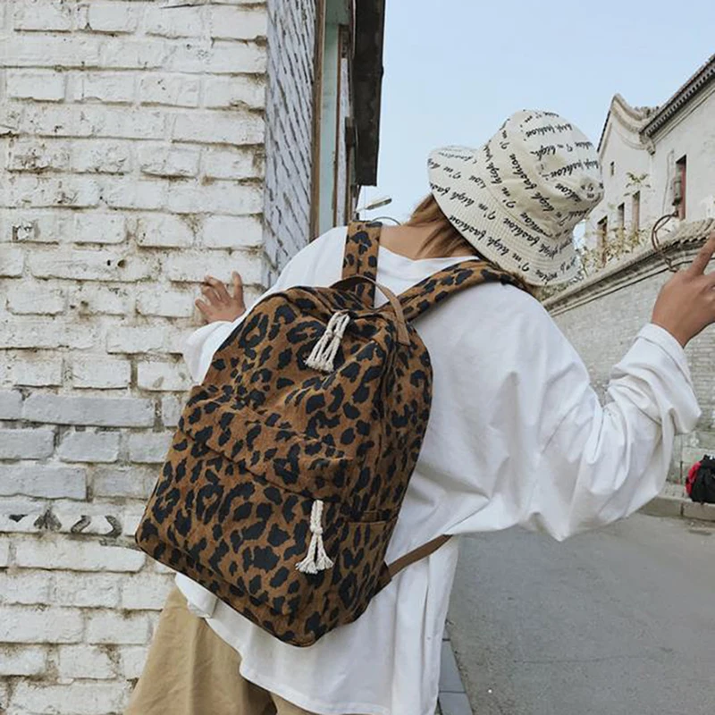 

Модный нейлоновый рюкзак, Женский вельветовый рюкзак с леопардовым принтом, двойной ремень, дорожный рюкзак, большая вместительность, школ...