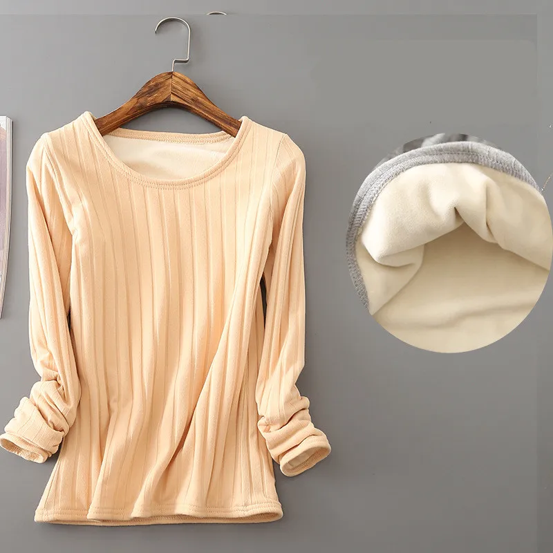 2020 Winter Warm T Shirt Thick Fleece Thermal Underwear Long Sleeve Stripe Cotton Tee Shirt Super Soft T-Shirt O neck Top Shirt