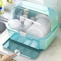 1pcs kitchen dish drying rack drain board with lid cover tableware storage box organizer bowl plate container holder dust proof