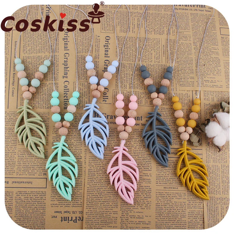 Coskiss-collar de silicona con forma de hoja para beb&eacute;, mordedor sin BAP, collar de silicona para madre, juguete de dentici&oacute;n para amamantar-0