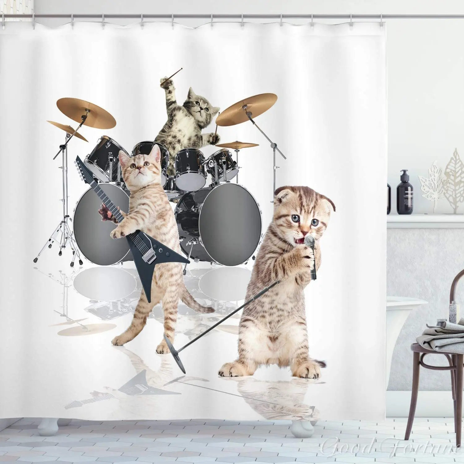 Animal Shower Curtain Cool Fancy Hard Cute Rocker Band Of Kittens With Singer Guitarist Cats Artwork Print Bathroom Decor
