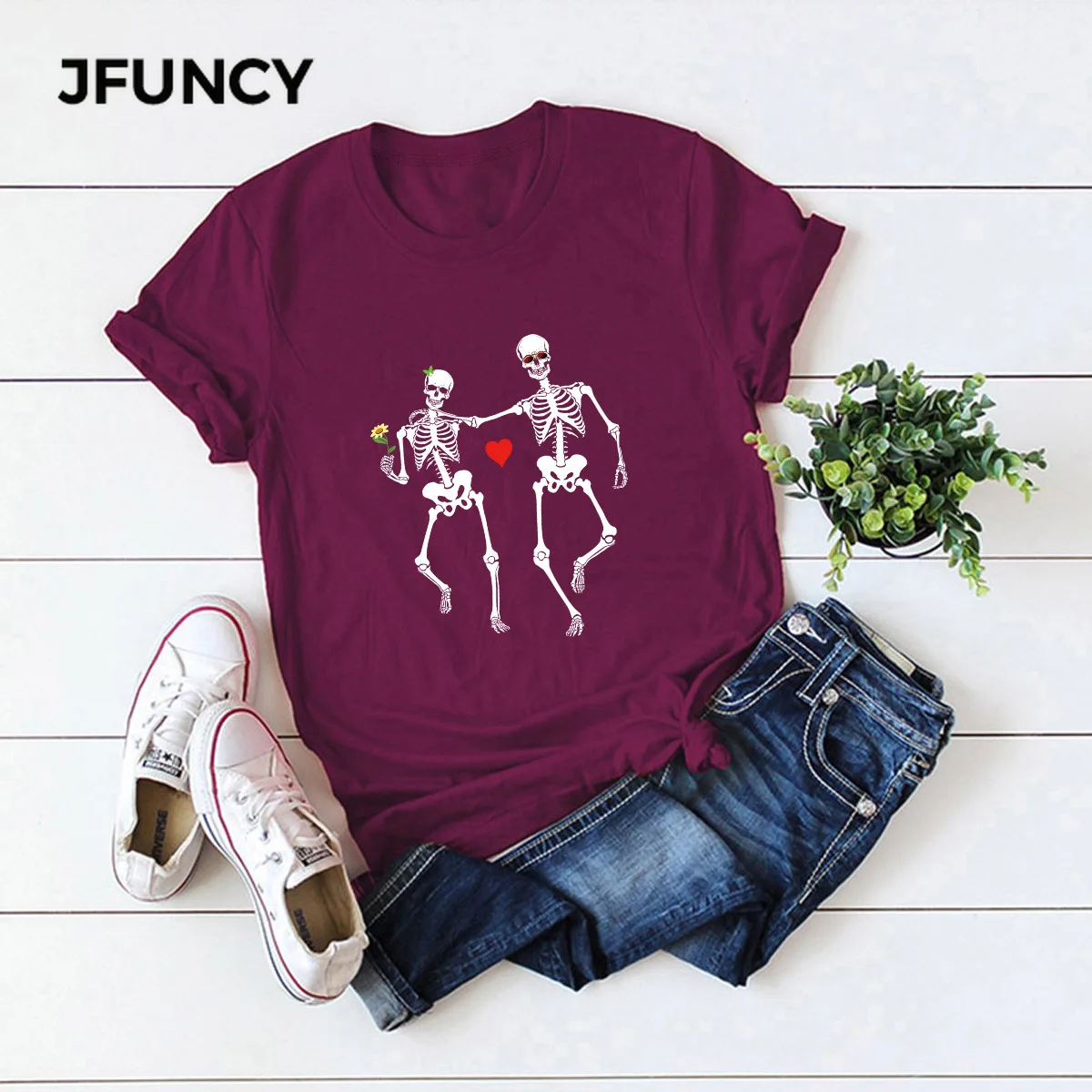 JFUNCY  Cotton T-Shirt Funny Skeleton Print Harajuku T Shirt Women Tshirt Female Short Sleeve Tees Summer Woman Tops
