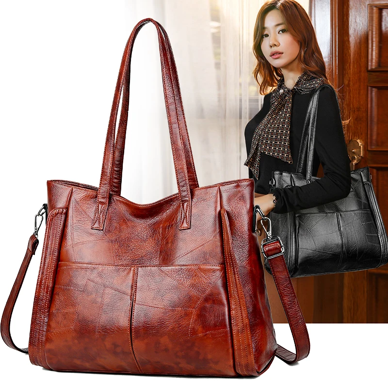 

Вместительная винтажная сумка через плечо для женщин, стильная дамская сумочка с карманами, Роскошный дизайнерский прошитый кожаный тоут ч...