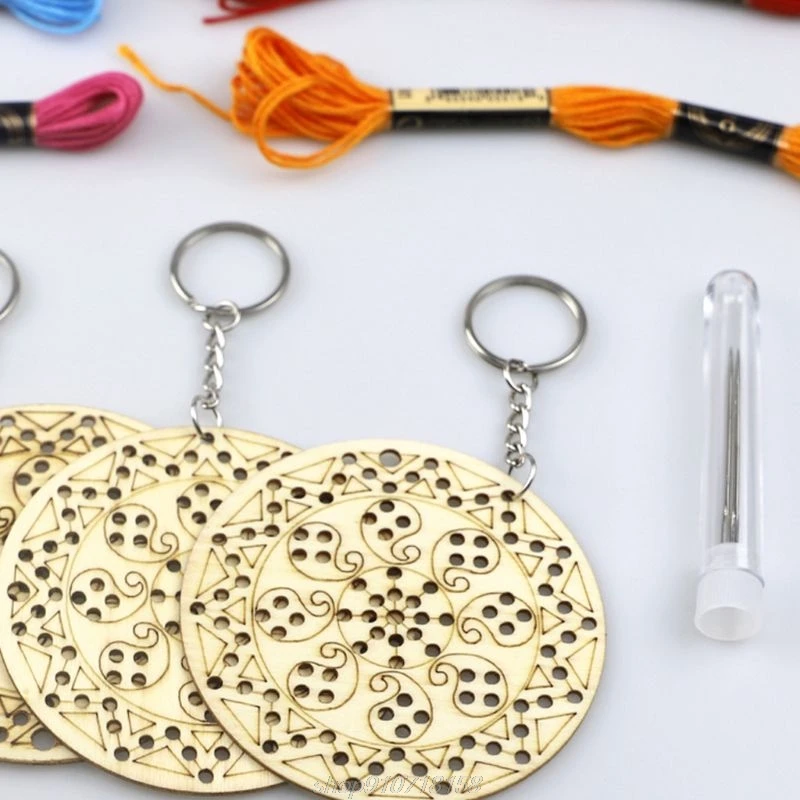 5 шт. круглая деревянная вышивка крестиком брелок кольцо с шерстяной нитью Набор