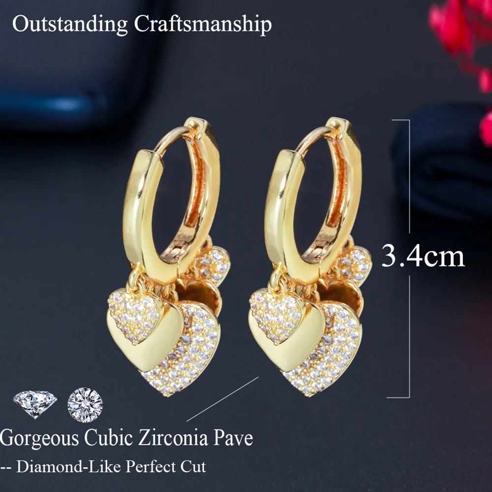 Серьги-кольца Pera Brand Design с подвесками в виде сердца, бразильского золотого цвета, с фианитами, для женщин, праздничные украшения E750 (art.: 3920db45ce5fd) - 3920db45ce5fd