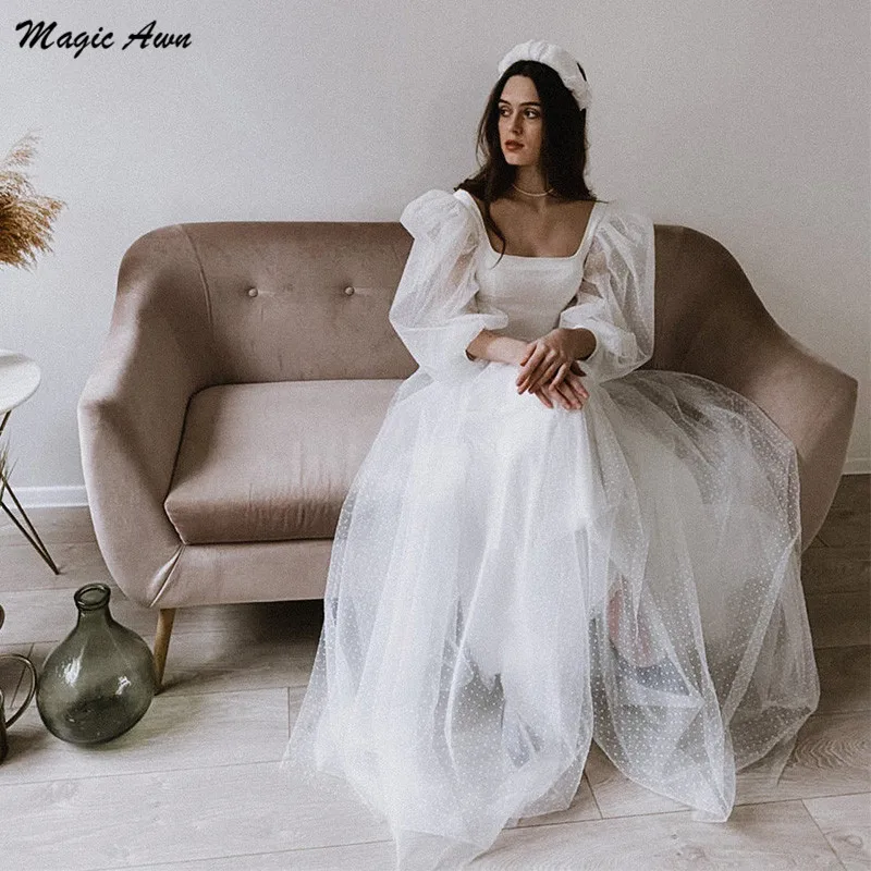

Magic Awn Vintage Polka Dots Tulle Wedding Dresses 2021 Puffy Sleeves Illusion Boho Bridal Gowns Maxi Long Vestidos De Novia