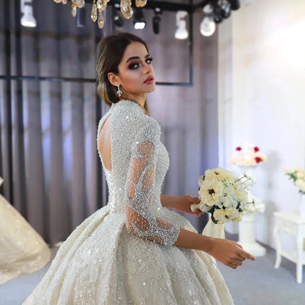 2020 Дубай блестящие бусины Кристалл Кружева Свадебные платья бальное платье с