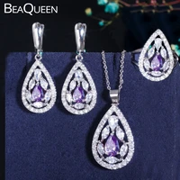 beaqueen new fashion brand pear drop purple cz crystal silver color 3pcs earring ring necklace jewelry sets for women js017
