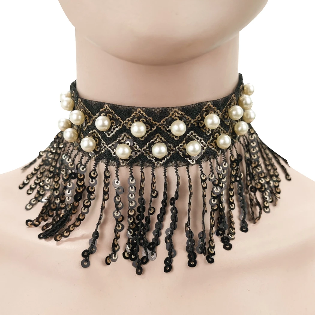 Ожерелье чокер с кисточкой и блестками эффектное кружевное ожерелье имитацией