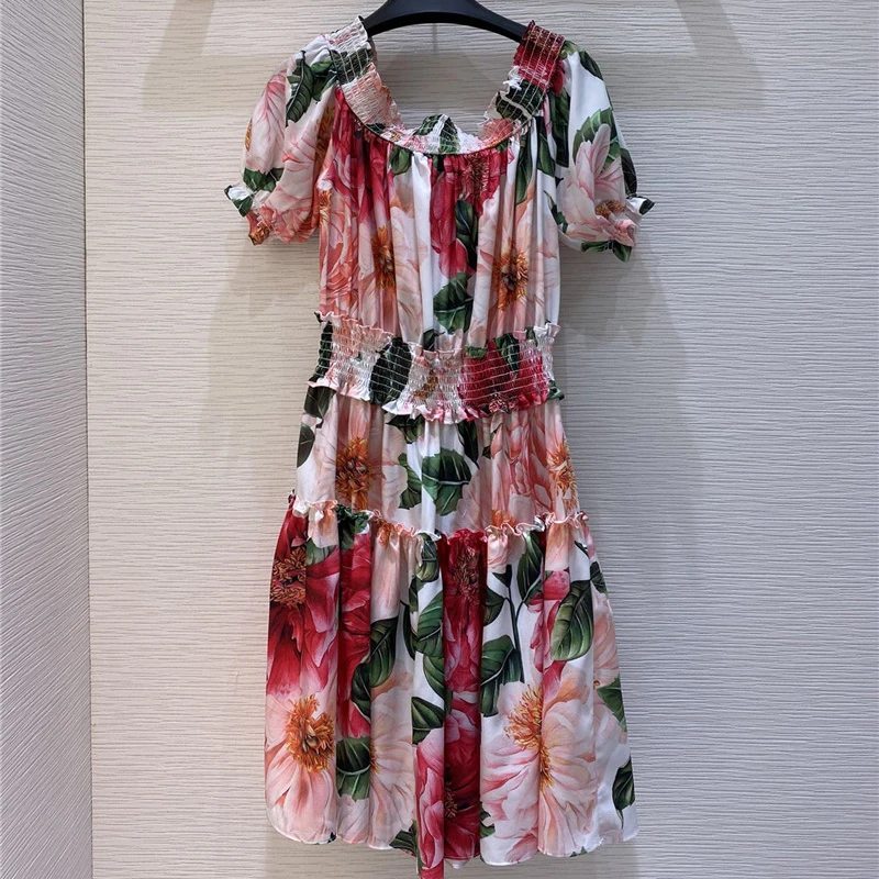 

2021 Summer Fashion Women Runway Designers Floral Print Slash Neck Short Holiday Party Dresses Beach Vestidos