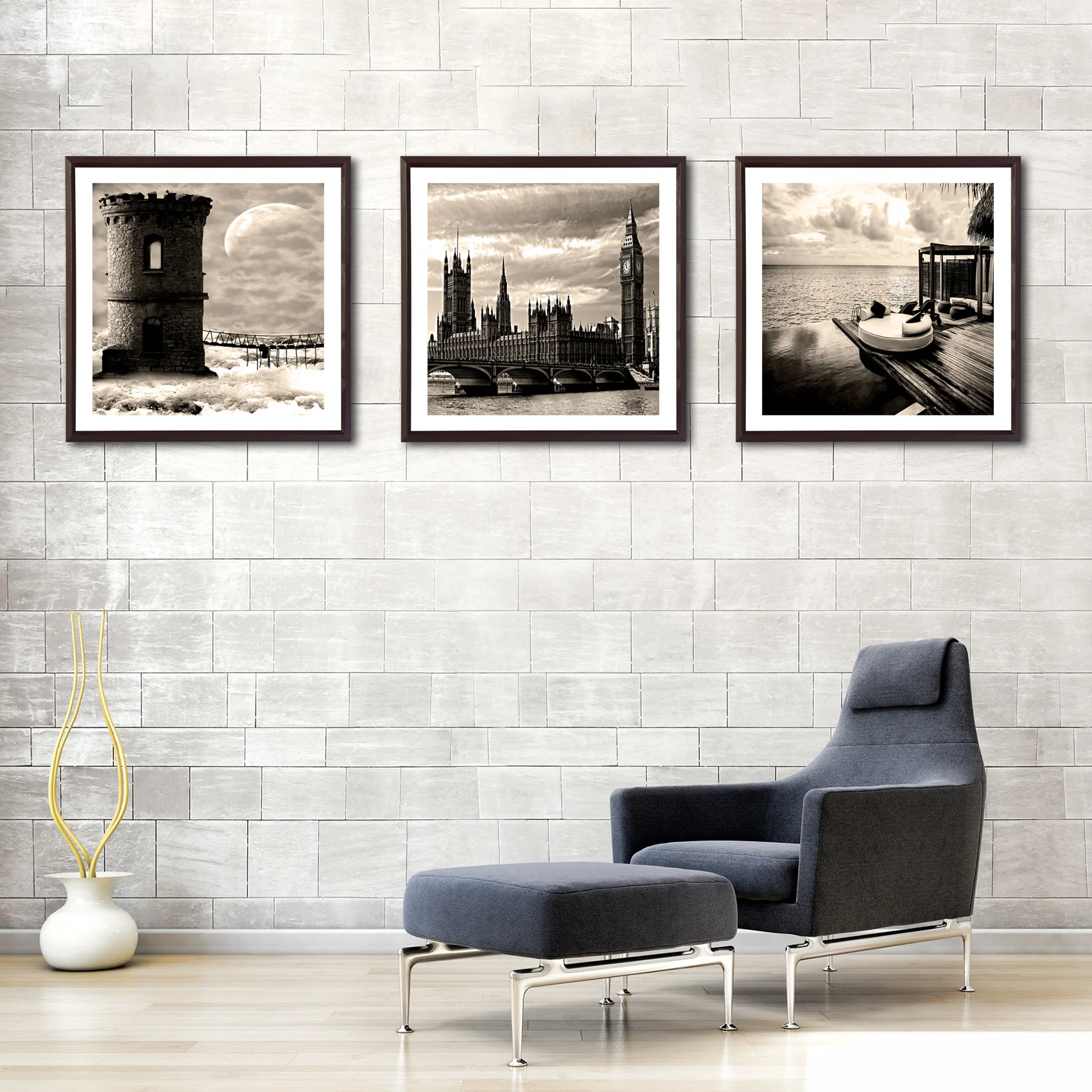 Черно белый фон здания по морю фотообои холст печать Настенная картина для