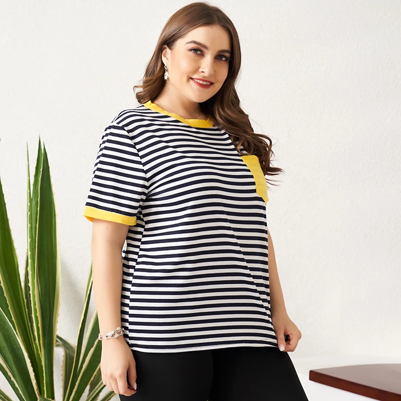 

Summer Ladies Fashion Striped Patch Pockets Color Matching Elastic Loose Short-sleeved Large Size Women's Round Neck T-shirt