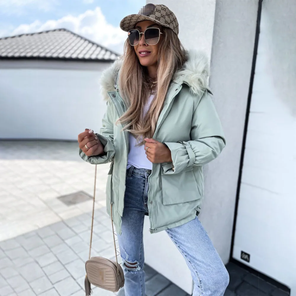 Women's Winter New Artificial Fur Collar Parka Coat Jacket Fashion Hooded Thick Warm Cotton Coat Soft Loose Snow Coat Plus Size
