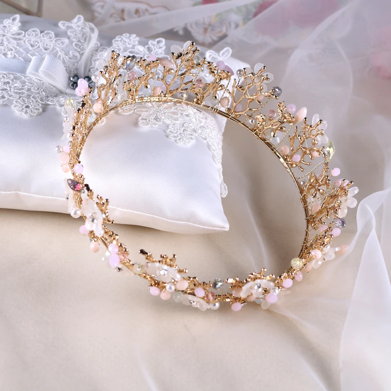 Женская тиара Корона Himstory розовая ручной работы с круглыми цветами свадебная