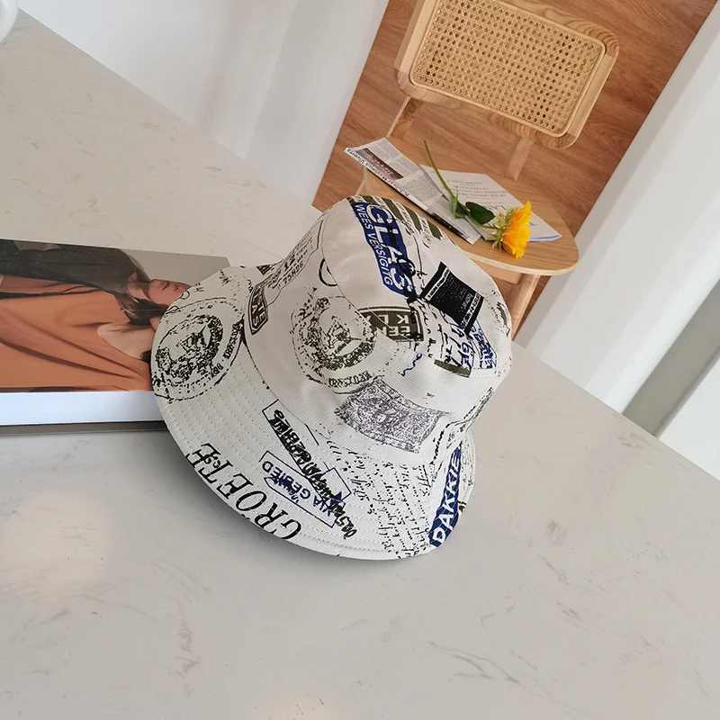 

2021 Letter Pattern Cotton Fisherman Hats Summer Sunscreen Graffiti Print Bucket Hats For Women Casual Outdoor Beach Panama Hats