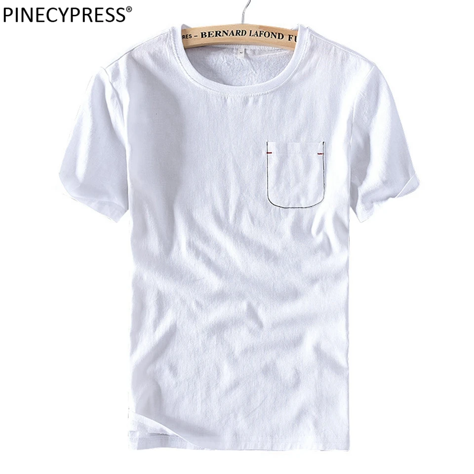 

Linen Cotton Cool Breathable Soft Men T Shirt Short Sleeve Pocket Decoration Summer Casual White O-neck Quality Man T-shirts