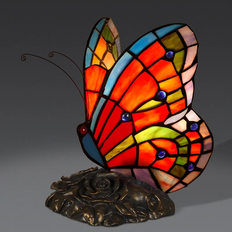 

Vintage Art Color Tiffany Small Night Light Butterfly Creative Bedroom Bedside Lamp Resin Table Lamps