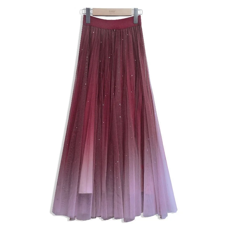 

High quality Sequins Starry Sky Gradient Long Tulle Skirt 2021 Spring Summer High Waist Mesh Pleated Skirts Womens