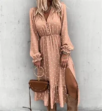 

2021 European and American Popular V-neck Ear Button Polka Dot Su Fold Printed Long Sleeve Dress Woman Dress Plus Size Dress