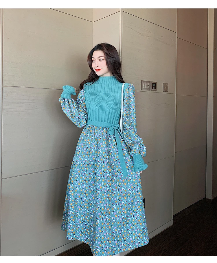 

Knitted Patchwork Printed Women Long Dress Korean Elegant Party Dresses Stand Collar Full Sleeve Belted Vestidos Femme 2021