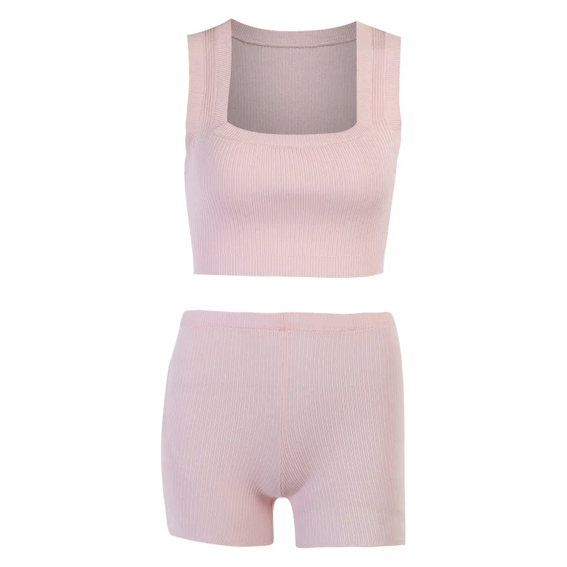 

Beyouare Sexy Hollow Out Women Two Piece Set Short Suit 2021 Summer Solid Sleeveless Crop Top Elastic Waist Short Casual Clothes