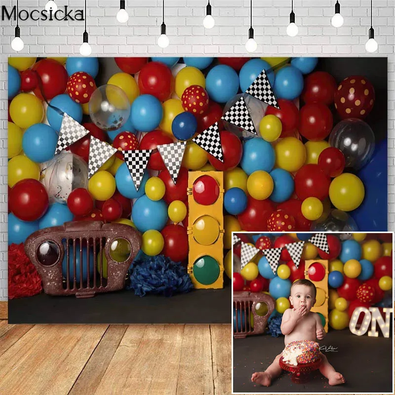 

Children 1st Birthday Cake Smash Photography Backdrops Toy Balloons Traffic Light Decoration Photo Props Studio Booth Background