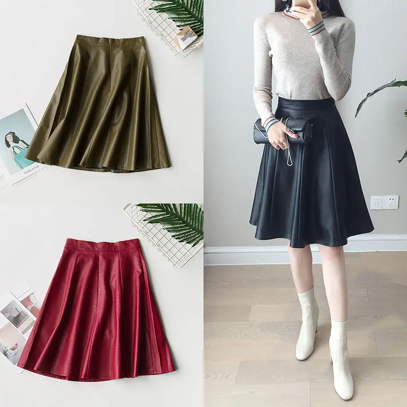 

Женская юбка-трапеция до колен, элегантная Однотонная юбка из искусственной кожи с высокой талией, модель H903, 2021