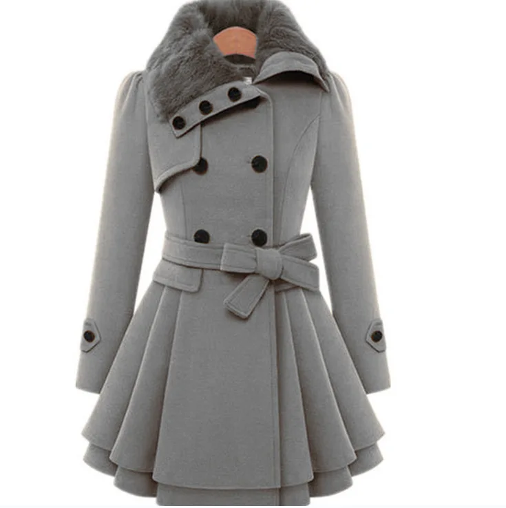 

WEPBEL Women's Jacket Solid Slim Mid-length Coat Double-Breasted Fur Collar Jackets Ladies Casual Woolen Turn-down Collar Coat