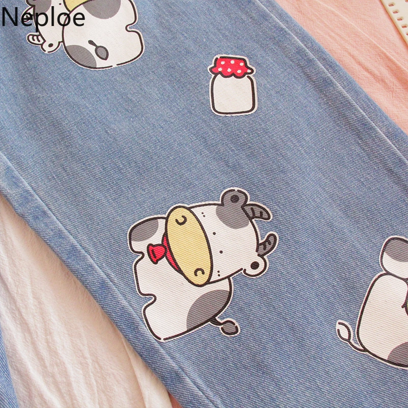 Свободные брюки Neploe в стиле Харадзюку с коровьим принтом прямые джинсовые