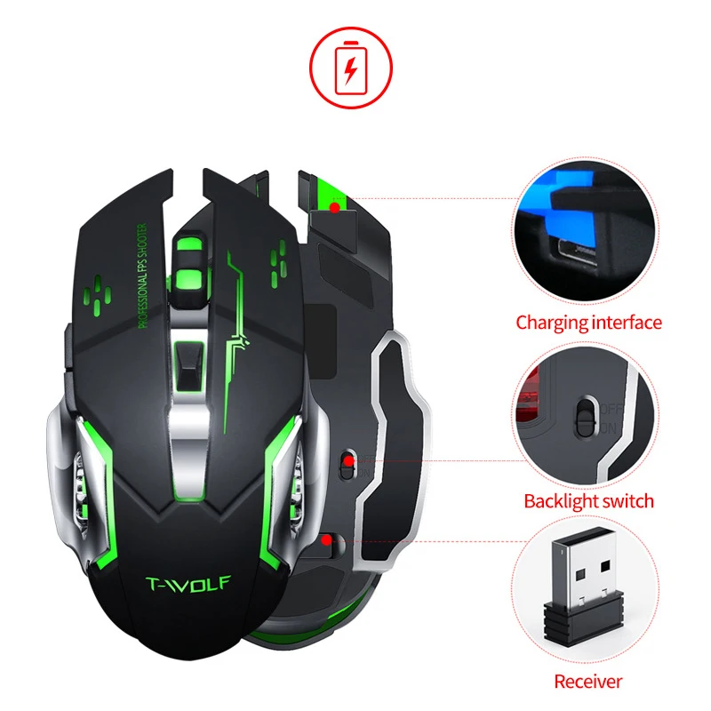 

2.4GHZ Wireless Mouse 2400DPI Rechargeable Ergonomic Optical Mouse Mice 6 Buttons For MAC WINDOWS Laptop Desktop PC