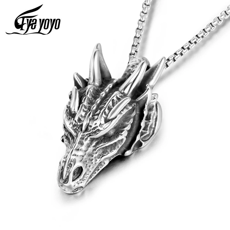 EyeYoYo Dragon Pendant Necklaces Titanium Steel Jewelry Animal Head Necklace Punk Men Accessories Dragon Pendant Jewelry