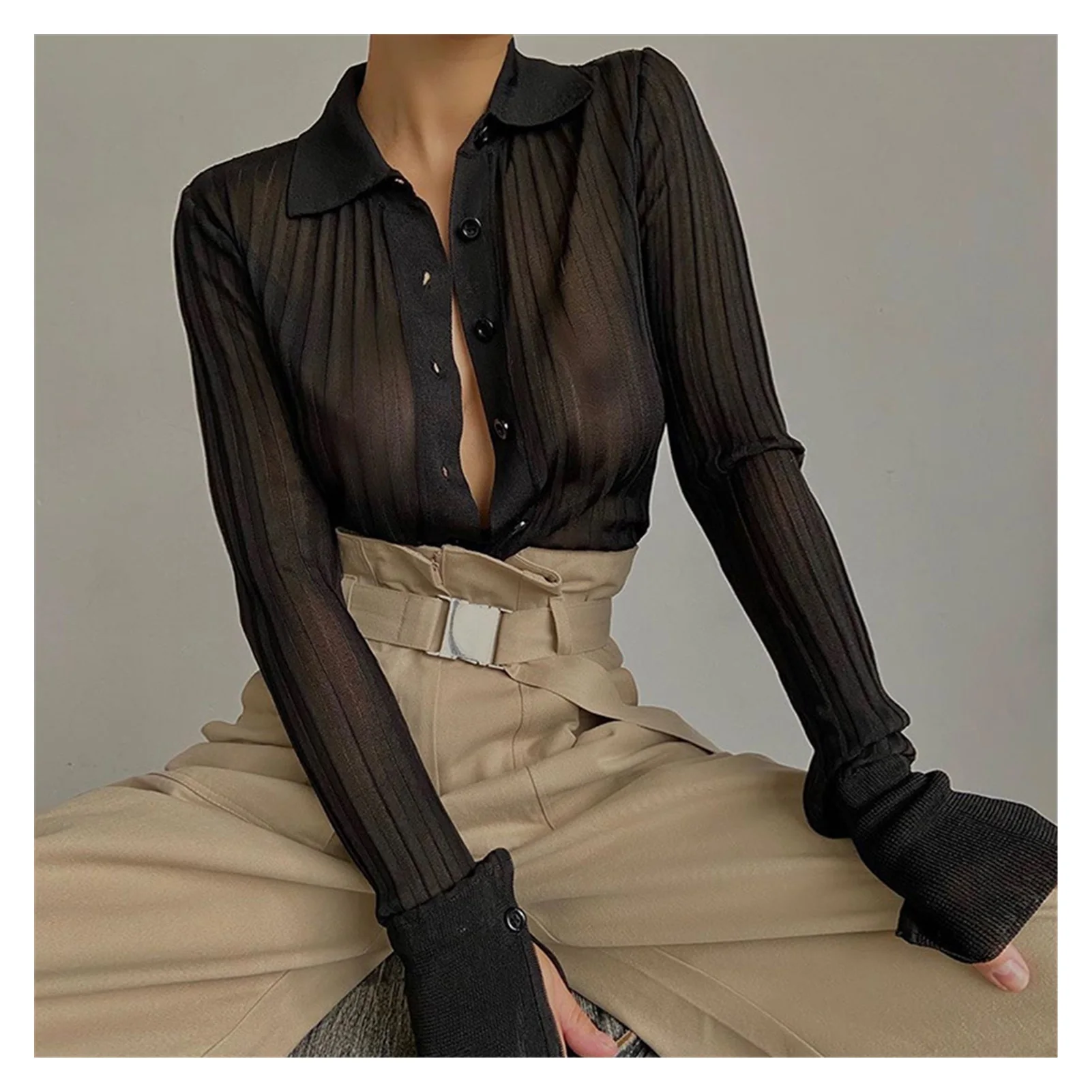 

2021NEW Sexy Perspective Pit Striped Long-Sleeved Polo Shirt Women 2021 Spring Summer New Solid Lapel Knitted Top Shirts Lady