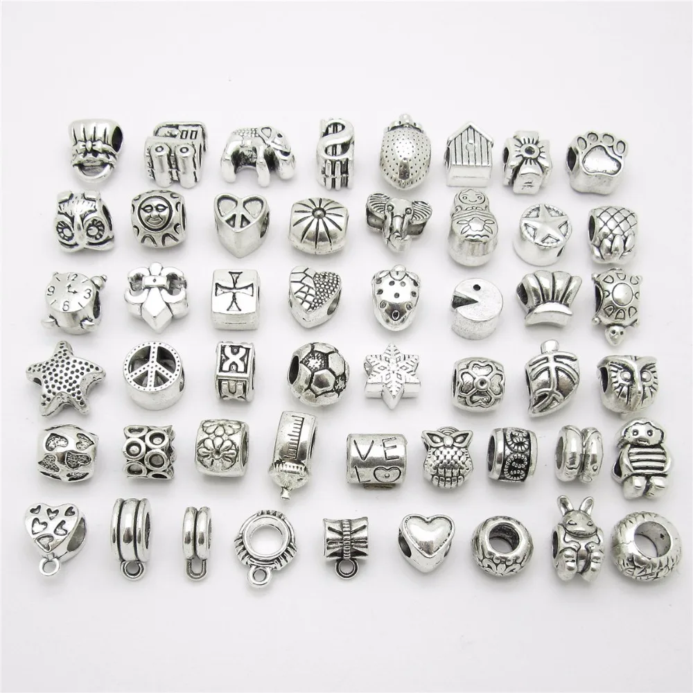 

Mix Beads 50pcs/lot Vintage Big Hole Loose Pendant Fit Pandora Charms Bracelet DIY Jewelry Making Free Bracelets