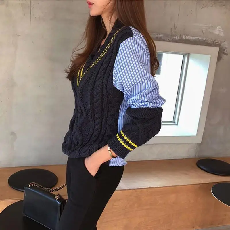 Свитер Cheerart с V-образным вырезом Женский пуловер полосатый лоскутный Синий