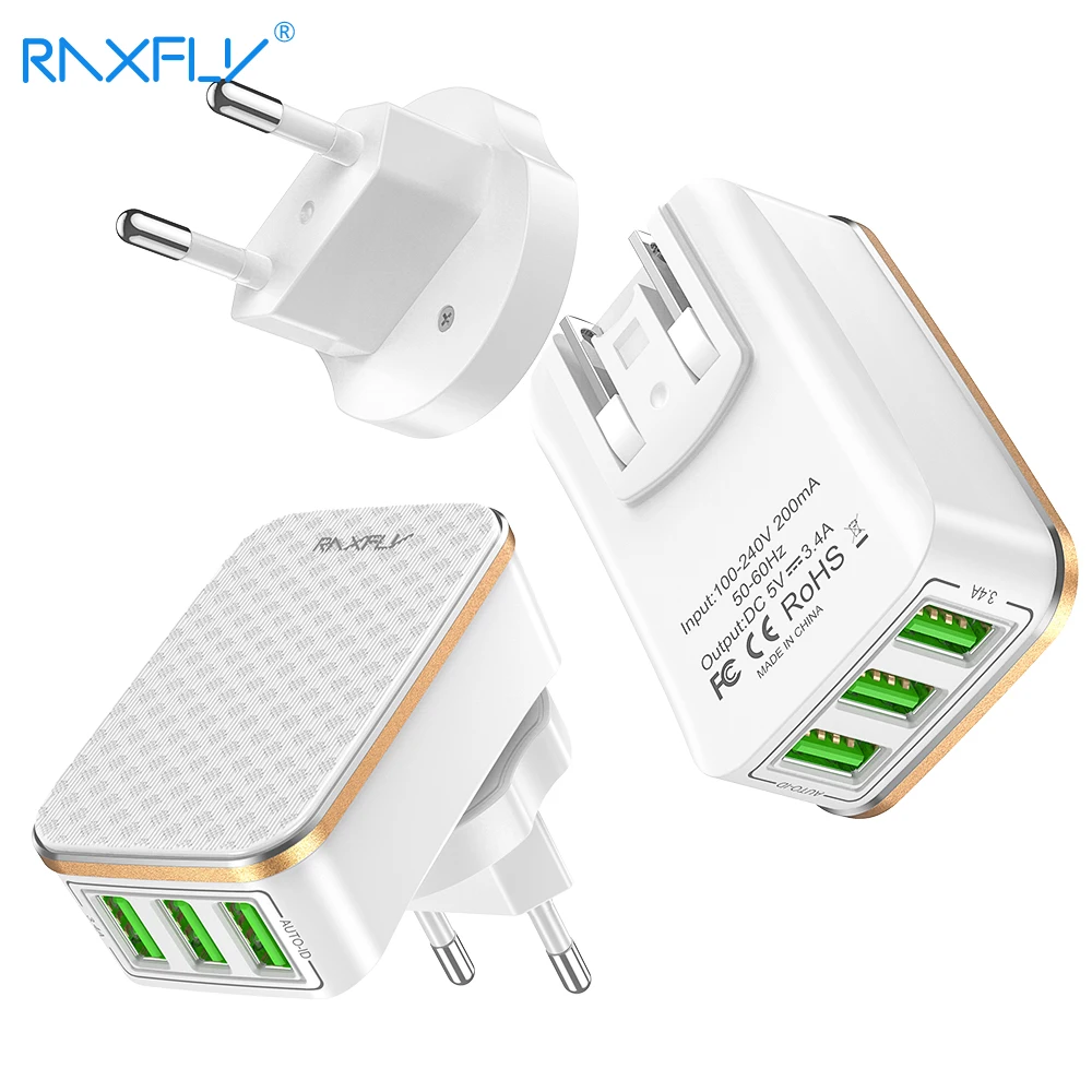 Зарядное устройство RAXFLY USB для iPhone 7 X XS XR 3.4A Max Fast Phone Samsung Xiaomi Huawei Travel Wall EU US Adapter.
