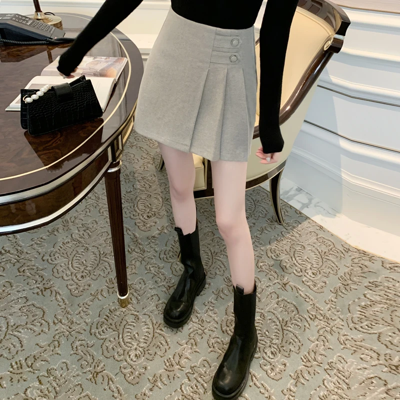 

Korean Preppy Style Plaid High Waist Pleated Mini Skirt Women 2021 New Autumn Winter Woolen Skirts Female Casual A Line Skirt
